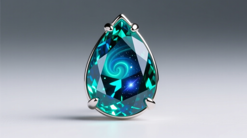 Loupe view of an African paraiba tourmaline drop earring, revealing internal clarity enhancements under bright LED light.