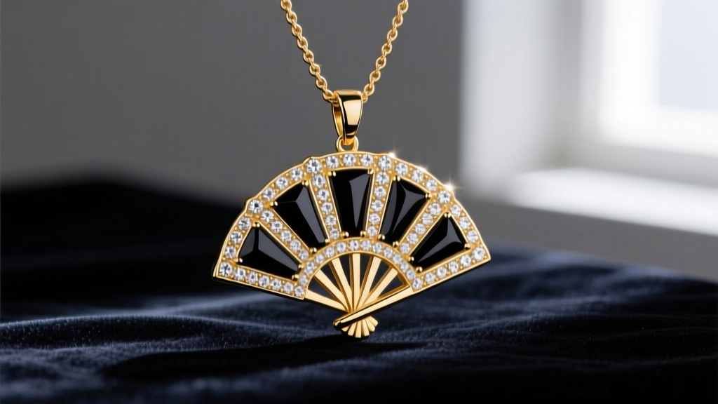 Close-up of a 14k gold folding fan pendant on a rope chain with micro-pave diamonds and black onyx inlay on dark velvet.