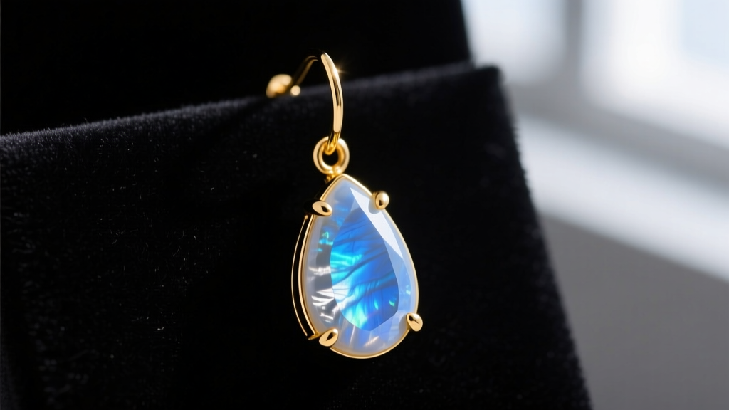 Macro shot of a blue sheen moonstone teardrop earring in 14k yellow gold with a four-prong setting on dark velvet.