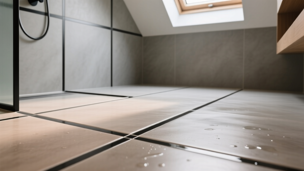 Close-up of large-format matte porcelain bathroom floor tiles with dark epoxy grout installed in a modern wet room