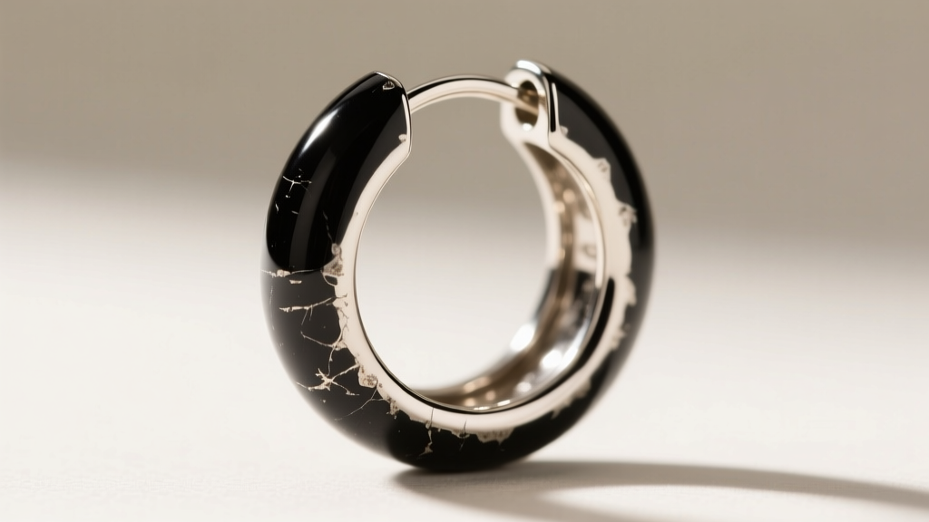 Close up of a black rhodium hoop earring showing wear on the inner edge, revealing the bright 14k white gold base metal beneath.