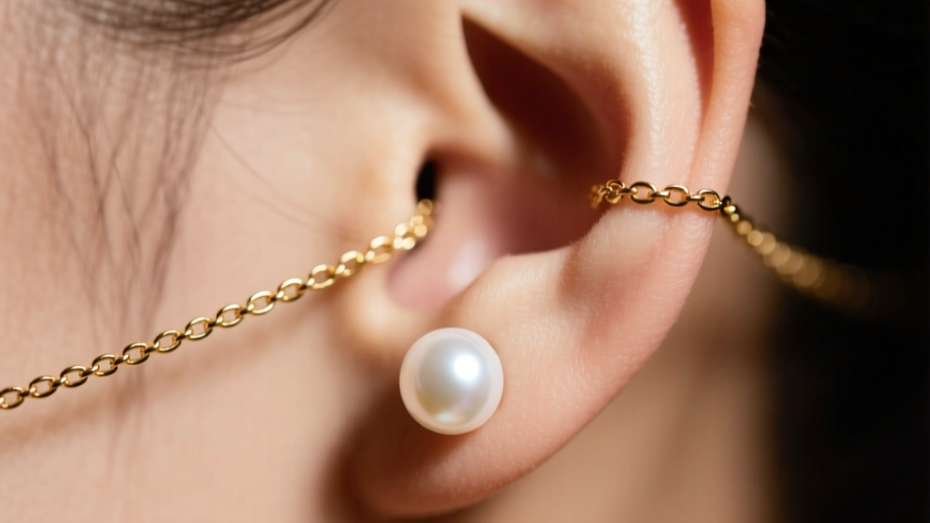 Delicate gold threader chain passing through an earlobe, ending in an 8mm white freshwater pearl under soft, warm studio lighting