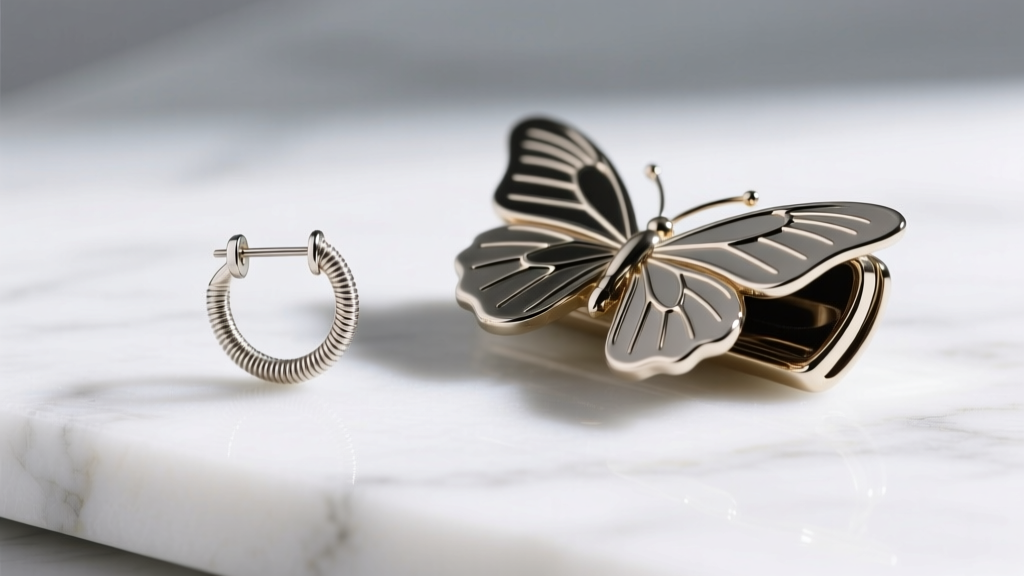 Macro shot of threaded earring back and butterfly clutch, showing precise thread grooves and tension slits on white marble