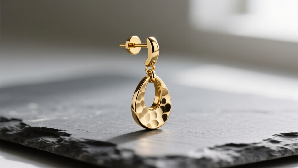 Macro shot of a gold vermeil Rowen drop earring on slate, showing hammered textures, a thick post, and soft lighting.