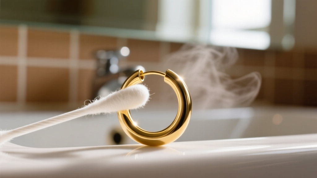 A cotton swab cleaning an 18-gauge gold hoop earring post, sharply focused against a softly blurred bathroom mirror background.