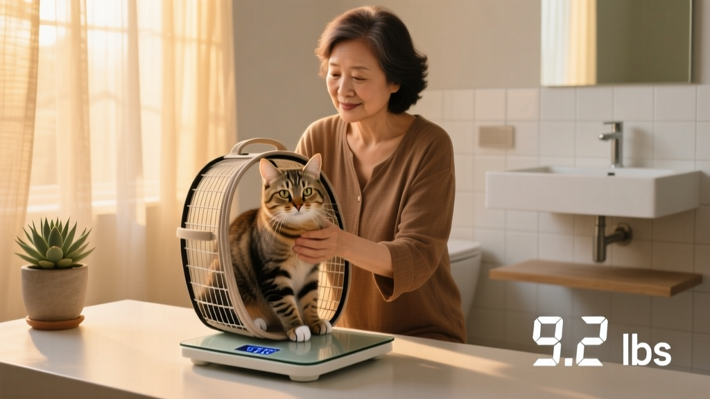 Person holding a cat inside a lightweight, open-top carrier placed on a bathroom scale
