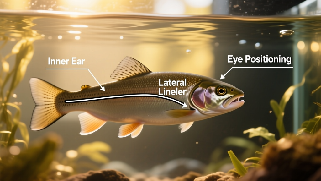 Diagram showing fish anatomy with labeled inner ear, lateral line, and eye positioning for balance