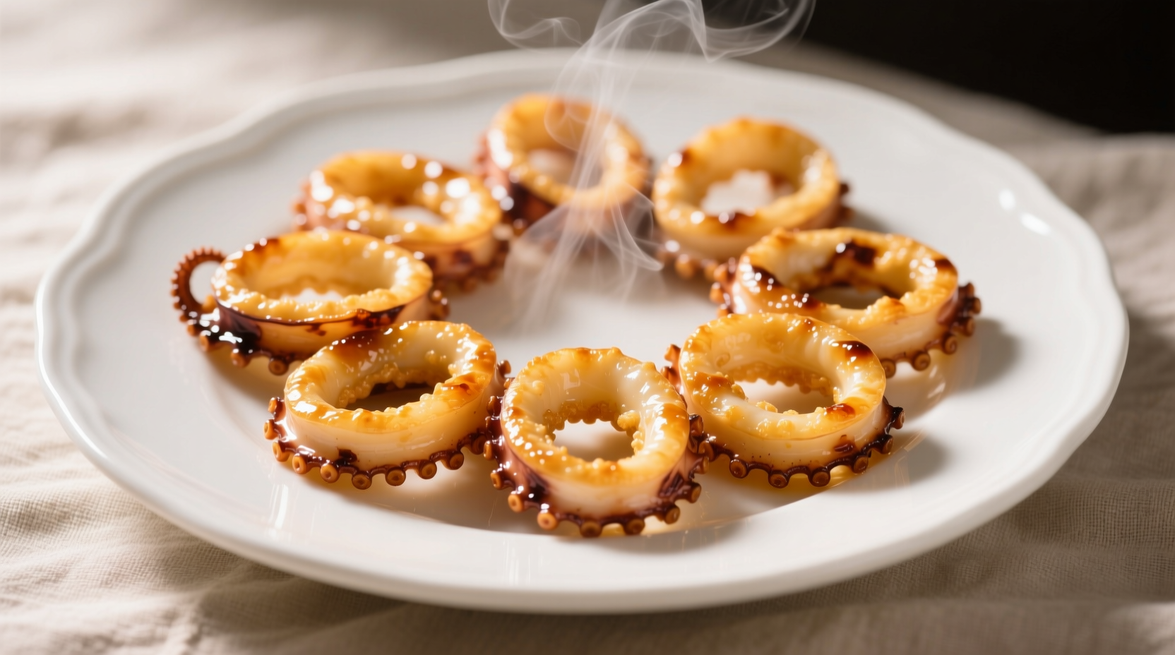 Perfectly cooked golden calamari rings on white plate
