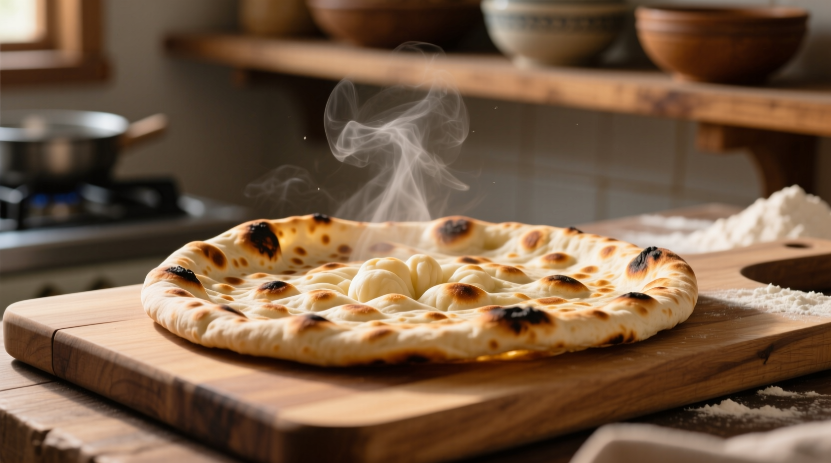 Freshly cooked flatbread with golden brown spots