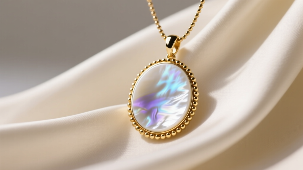 VCA Alhambra mother of pearl pendant on cream silk, soft light showing white nacre iridescence and 18k gold beaded bezel detail.