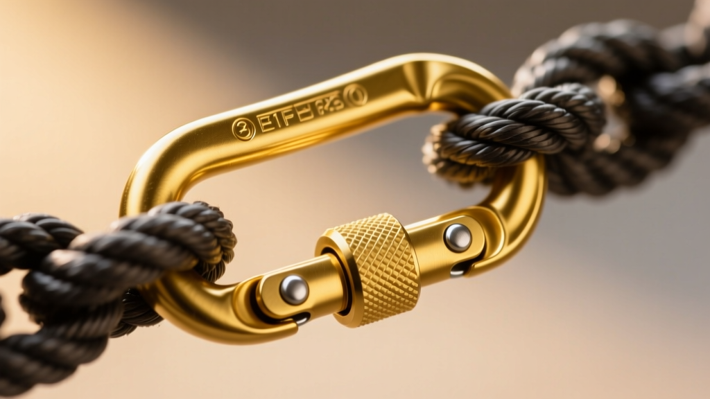 Macro shot of a gold locking carabiner clasp securing a thick rope chain, highlighting the mechanical screw-lock gate mechanism.