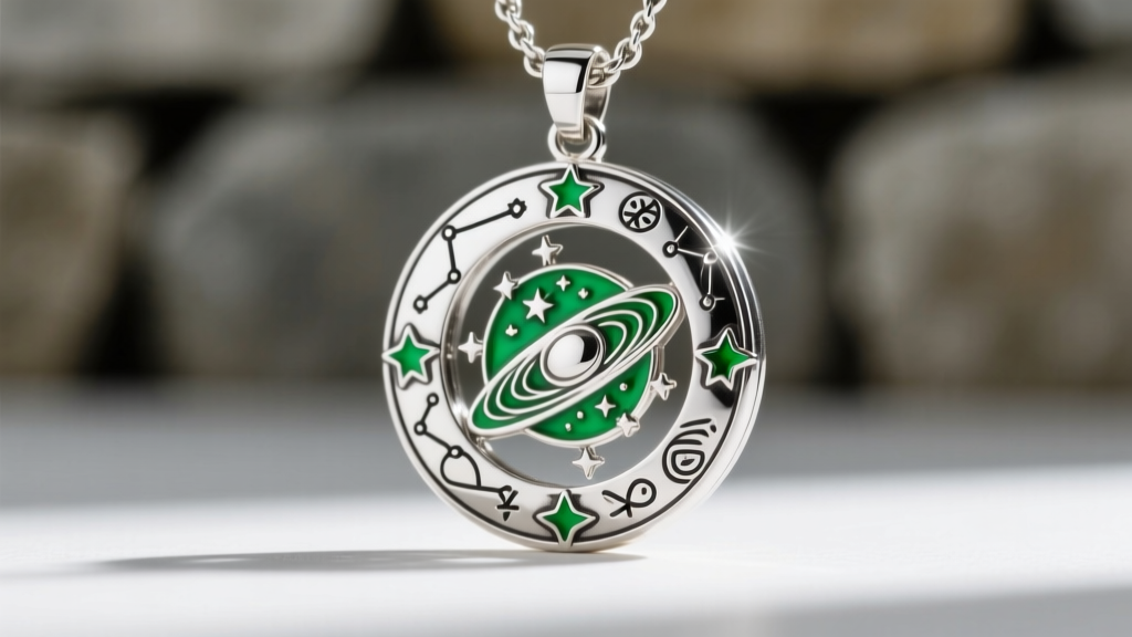 Macro shot of a sterling silver Time Turner pendant showing intricate celestial engravings and vibrant green enamel accents