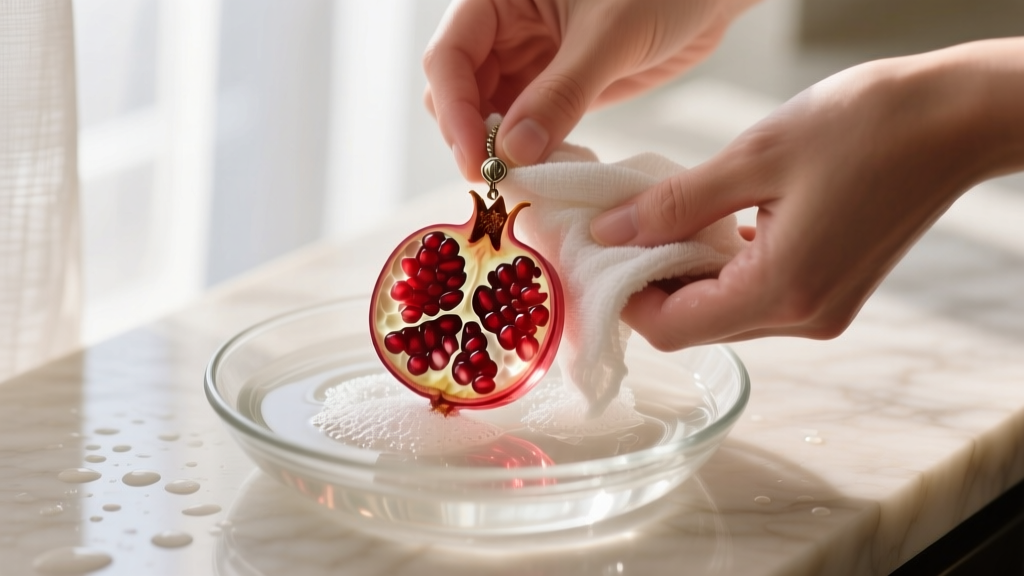 Hands gently washing a botanical resin pomegranate pendant with a microfiber cloth and mild soapy water in a shallow glass dish