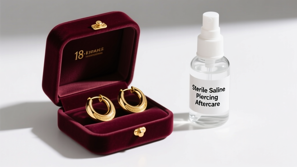Flat lay of a velvet box containing 18k solid gold huggie hoops next to a small bottle of sterile saline piercing aftercare spray