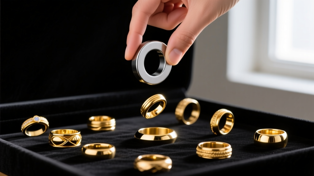 Hand holding a neodymium magnet near mixed gold and brass rings on black velvet, demonstrating magnetic attraction on fake pieces.