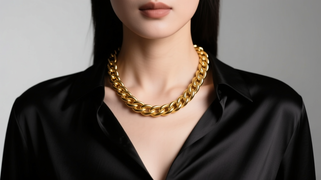 Woman wearing a 24-inch 18k gold rope chain necklace resting on a black silk blouse, soft studio lighting highlighting the metal