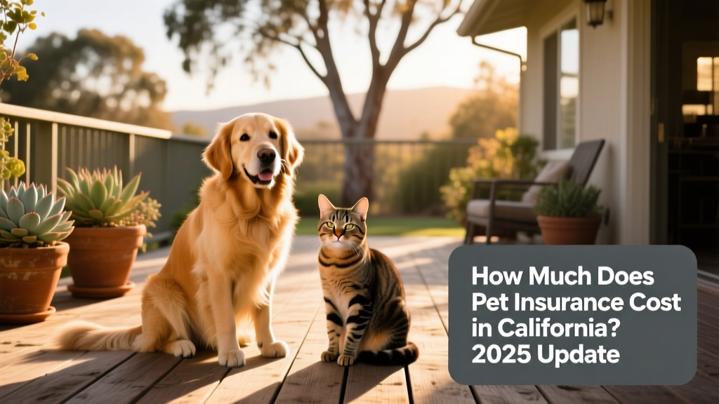 A friendly golden retriever and tabby cat sitting side by side on a sunlit California patio