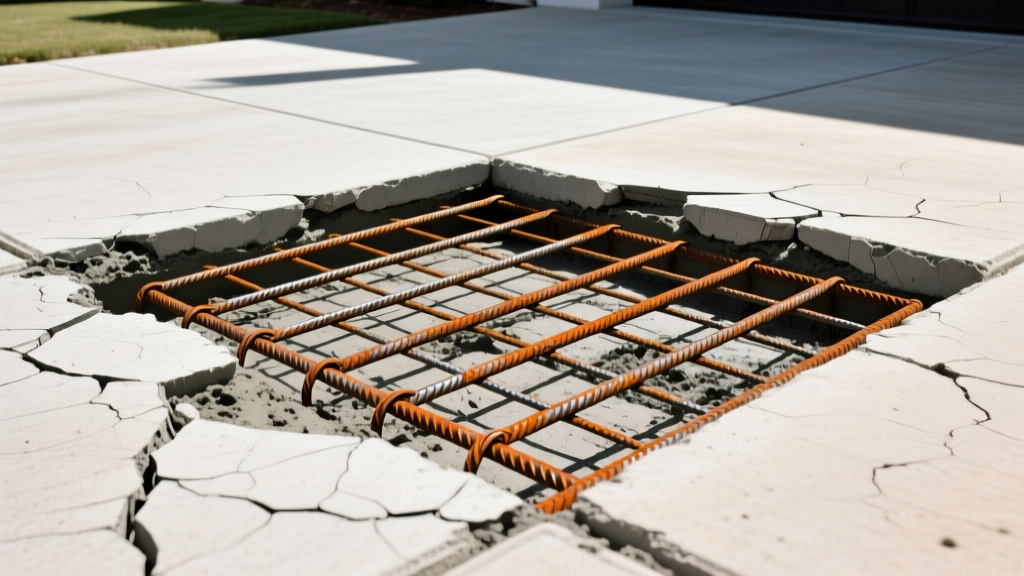Close-up of a cracked concrete driveway being repaired with exposed rusted Grade 60 rebar and 6x6 W1.4 welded wire mesh in the subgrade