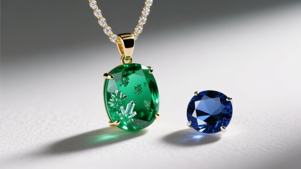 Macro shot of a green emerald pendant with natural jardin inclusions next to a blue sapphire on a delicate white gold chain