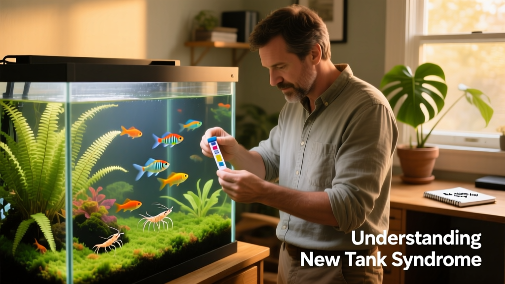 Aquarium owner calmly checking water parameters with a test kit while observing calm, active fish in a mature, planted tank