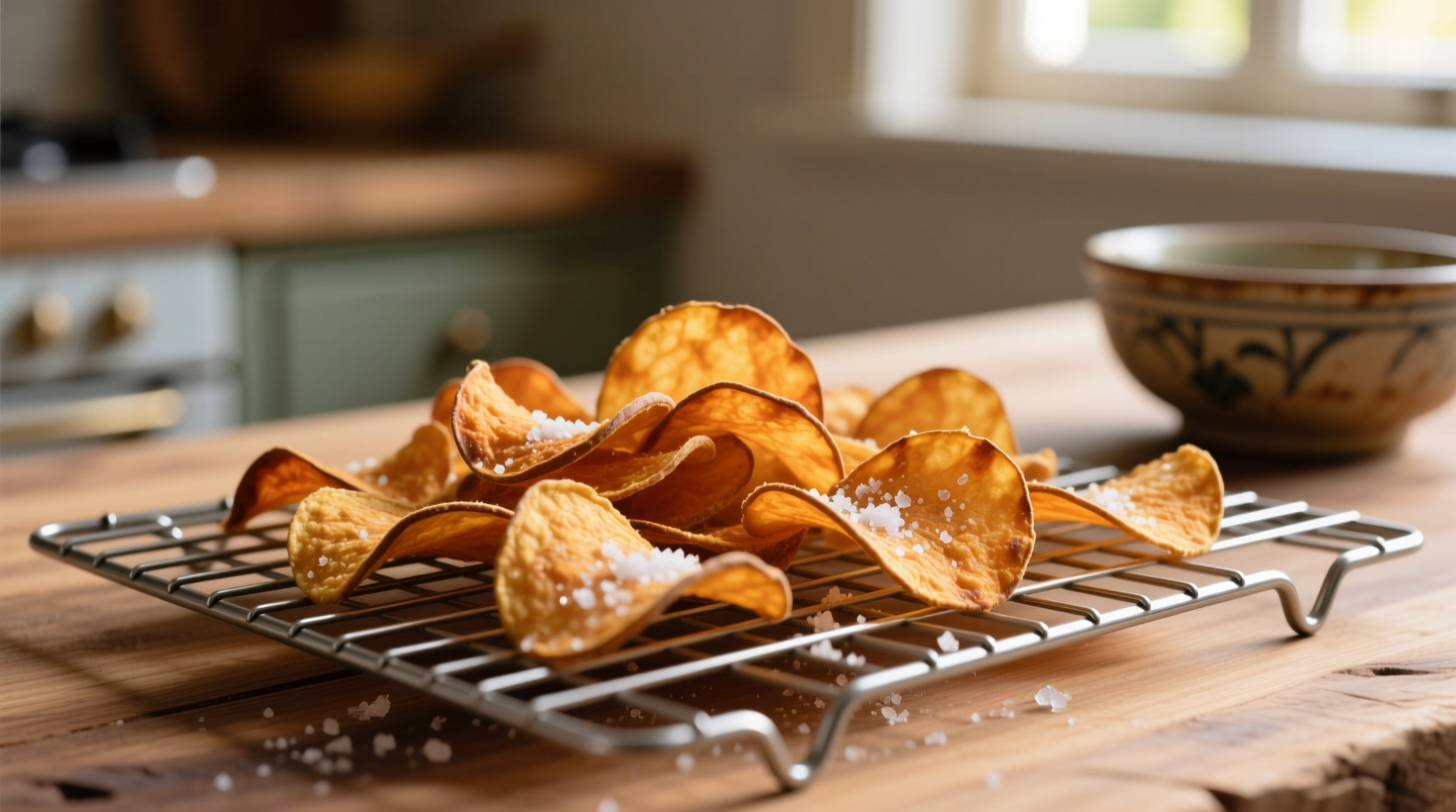 Homemade sweet potato chips on wire rack