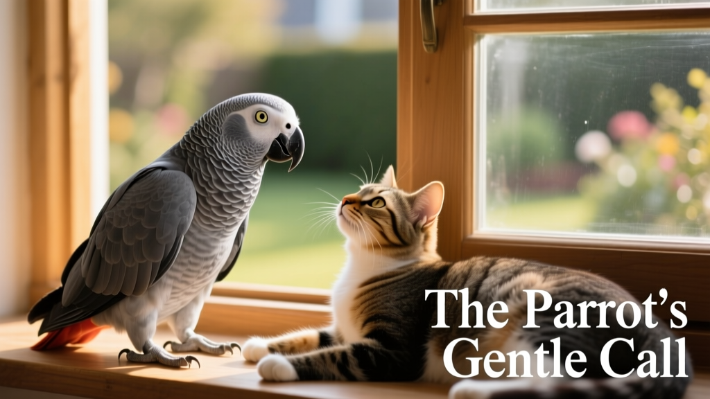 Symon, an African grey parrot, perched calmly beside two cats on a sunlit windowsill