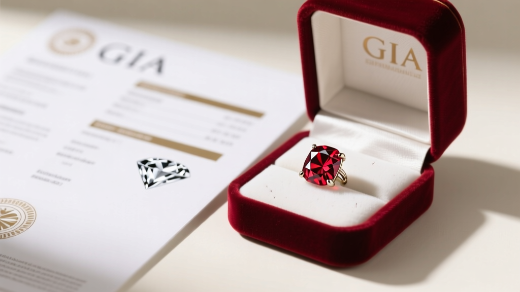 GIA diamond grading report placed next to an open jewelry box containing a treated red diamond earring under bright studio lighting.