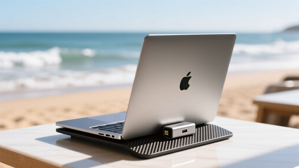 MacBook Pro on a carbon fiber Roost stand at a beachside cafe, ocean waves blurred in the background with a compact hub attached.