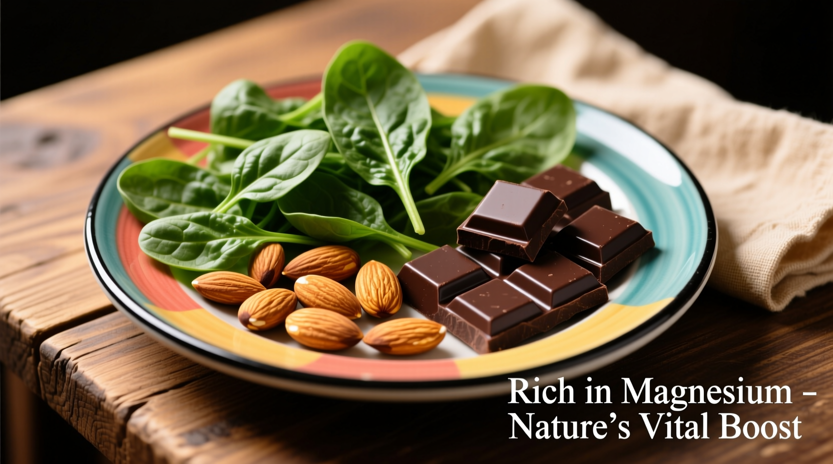Colorful plate of magnesium-rich foods including spinach, almonds, and dark chocolate