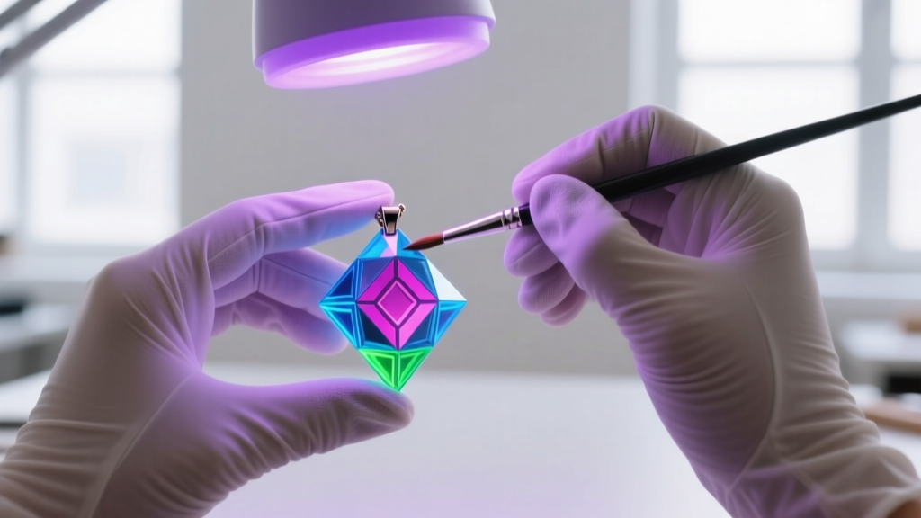 Gloved hands applying UV resin to a geometric LOZ block pendant with a brush under a purple UV lamp in a bright craft space
