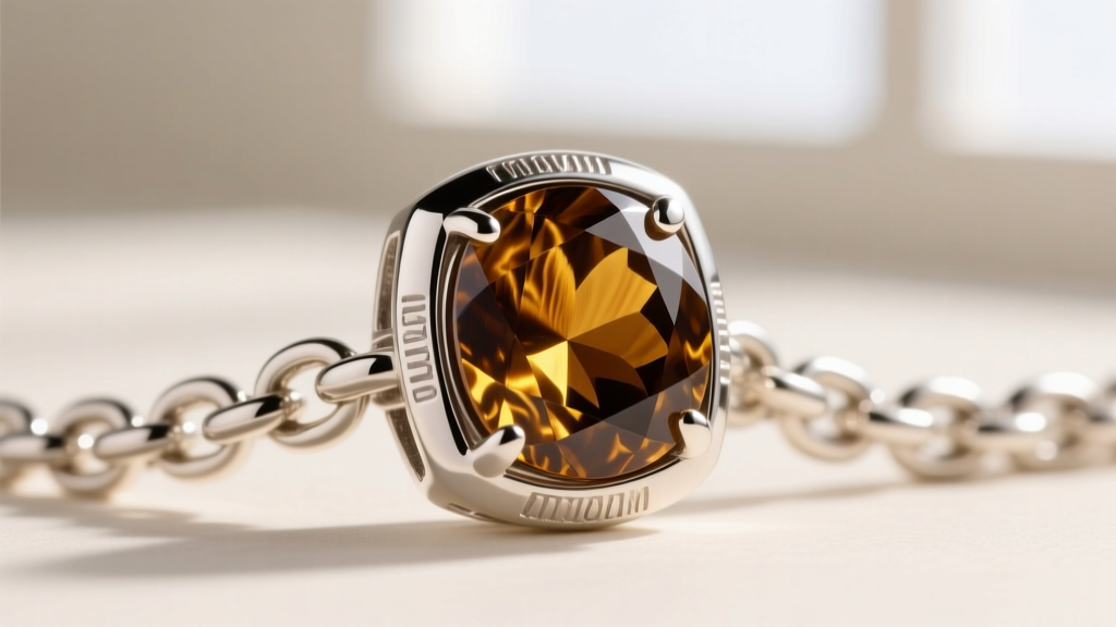 Macro shot of a 15-carat tiger eye gemstone in a thick sterling silver bezel setting attached to a heavy 5mm Cuban link chain.