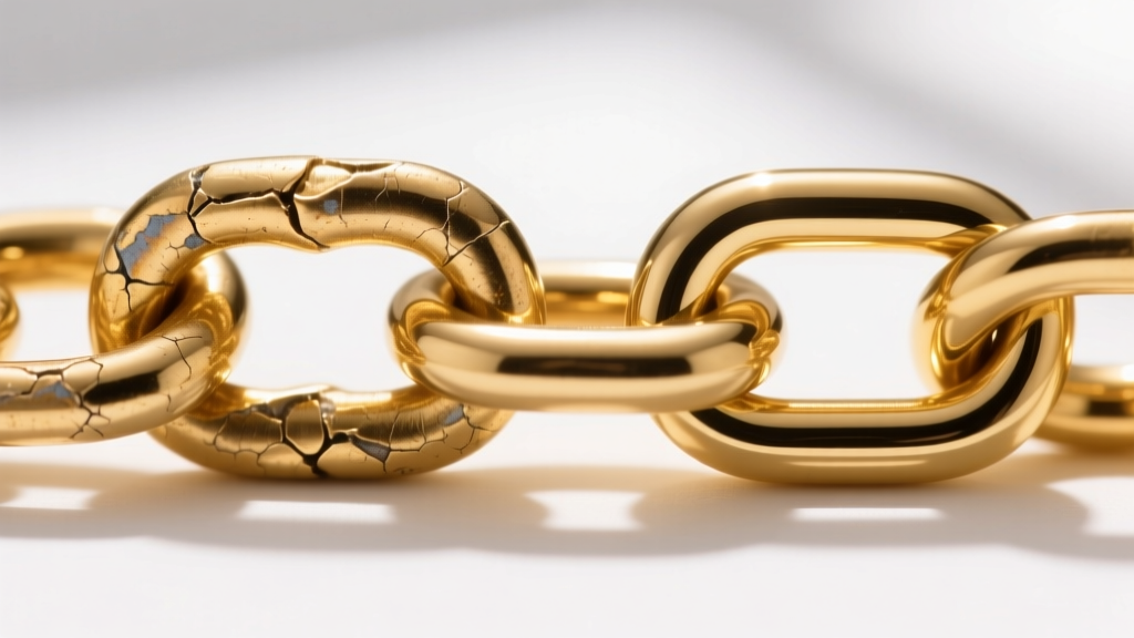 Macro shot comparing a tarnished gold vermeil chain link to a pristine solid 14k gold link, highlighting plating wear on edges