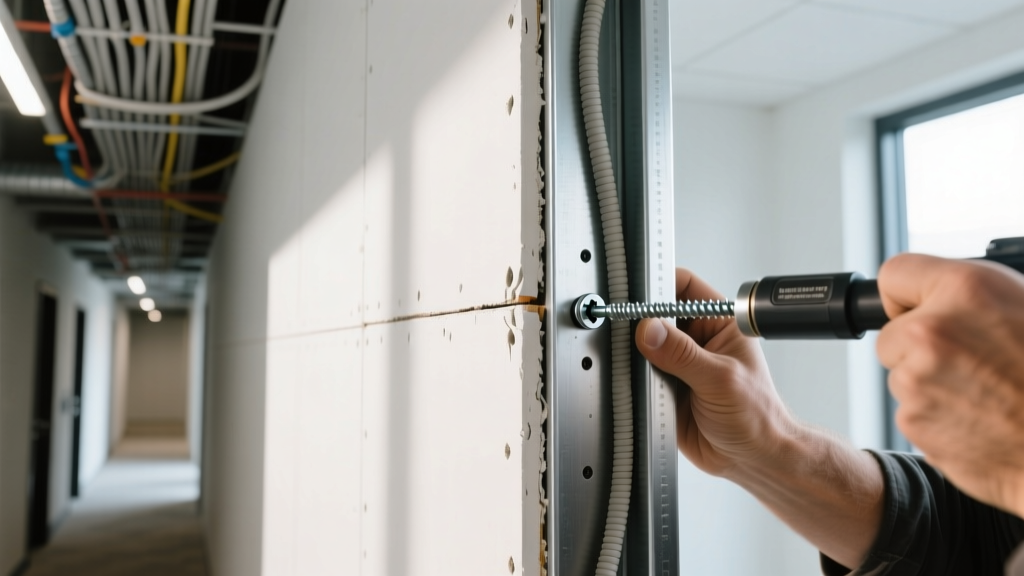Close-up of a contractor screwing 5/8-inch Type X fire-rated gypsum board onto metal studs in a commercial hallway with exposed wiring