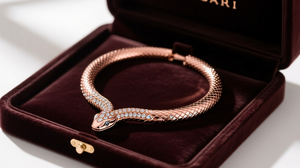 Rose gold Bvlgari Serpenti Viper necklace with diamond pave on dark mahogany, illuminated softly inside a luxury velvet jewelry box
