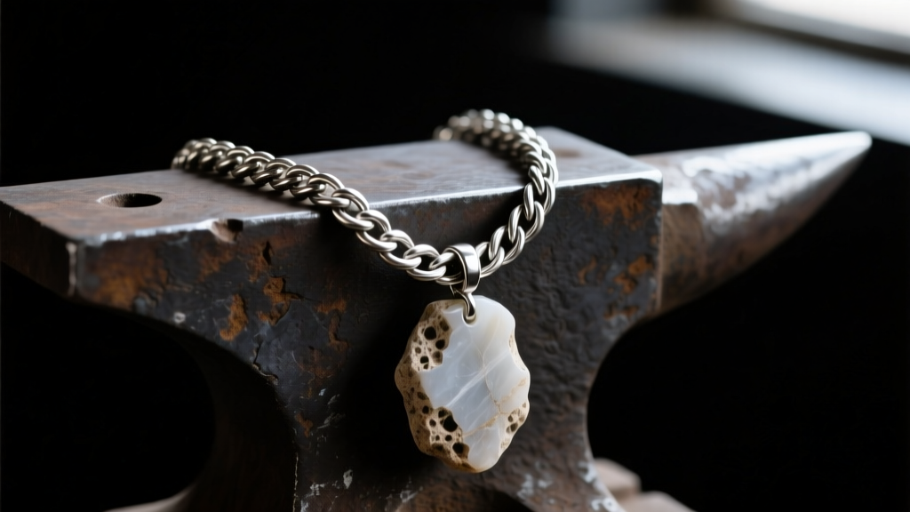 Close-up of a 12-gauge oxidized sterling silver rope chain necklace with a raw limestone pendant, resting on a dark iron anvil