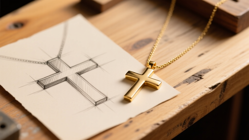 A hand-drawn cross necklace sketch resting beside a finished 14k gold minimalist cross pendant on a wooden jeweler