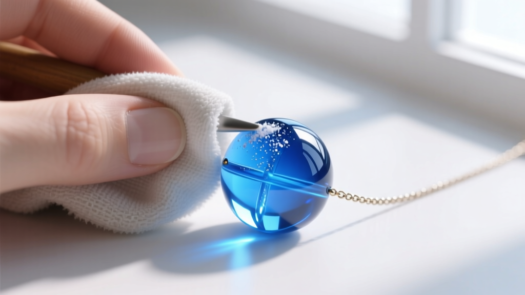 Macro shot of a soft microfiber cloth polishing a vibrant blue artisan glass bead on a Treska necklace using cerium oxide paste