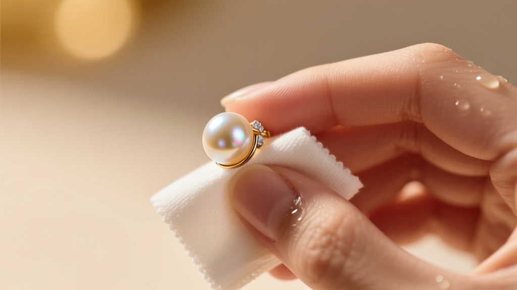 Hands wiping a pearl stud with a damp microfiber cloth, showing careful cleaning against a softly blurred, warm-toned background.