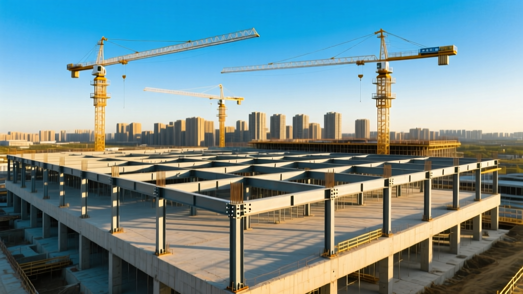 Aerial view of a modern retail mall construction site with steel framing, concrete foundations, and cranes against a clear sky