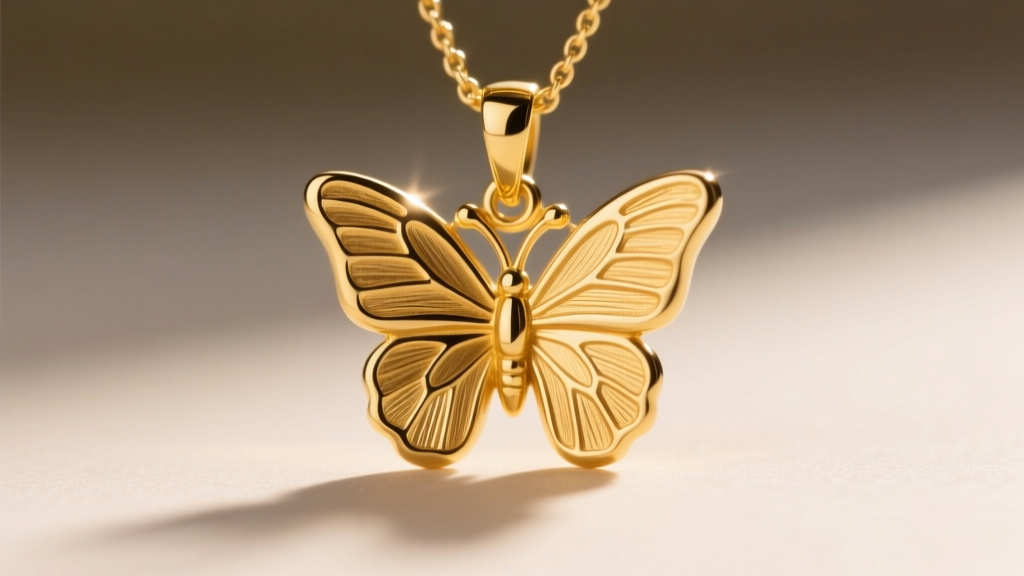 Macro shot of a 14k yellow gold James Avery butterfly pendant showing a rich warm hue and subtle brushing in soft sunlight.