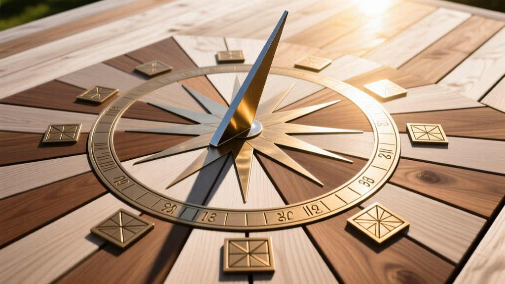 Top-down view of an ash wood deck with inlaid bronze sundial markers and a steel gnomon casting a sharp shadow in bright sunlight