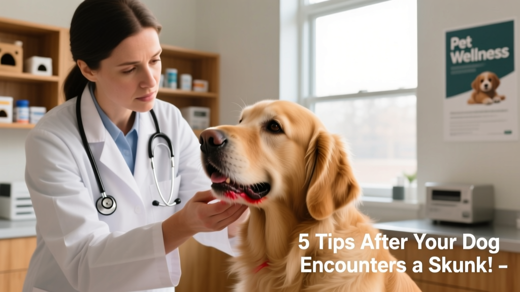 Veterinarian gently examining a dog's eyes and mouth during a post-skunk-encounter checkup