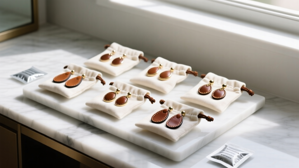 Neatly stored leather for leather earrings inside breathable cotton pouches with silica gel packets on a white marble vanity top