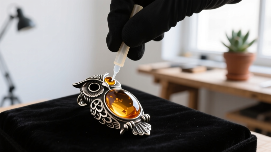 Jeweler applying adhesive to set a 4mm amber glass cabochon into the empty eye socket of a silver-toned owl vintage pendant.