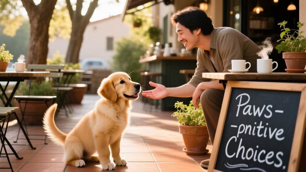 a puppy meeting a new human friend at an outside cafe; how to socialize a puppy