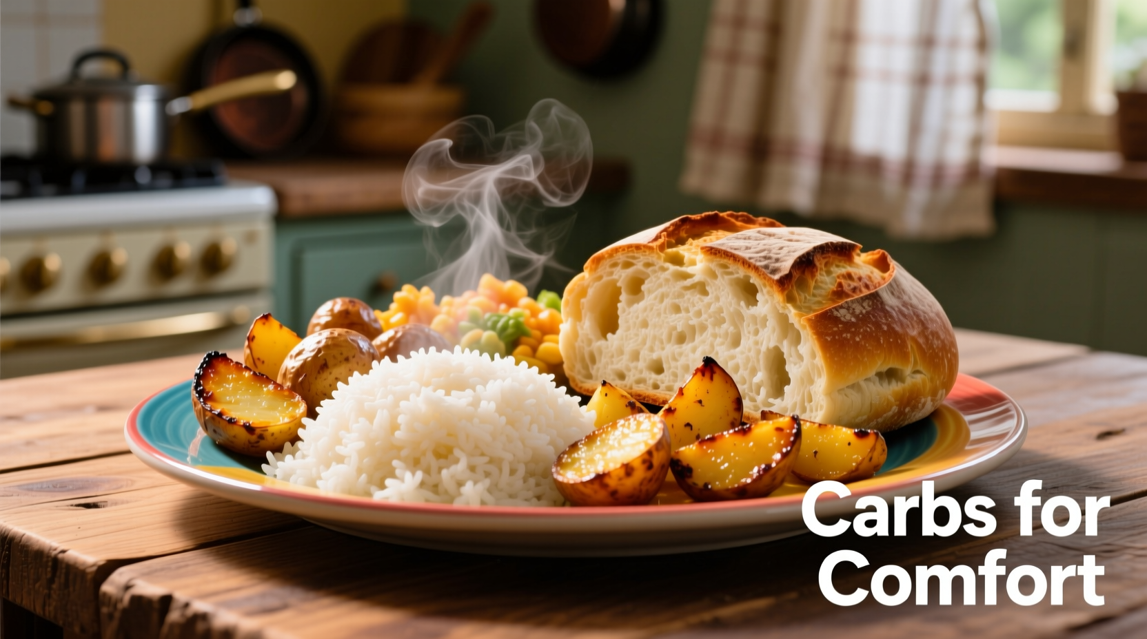 Colorful plate of high-carb foods including rice, potatoes, and bread