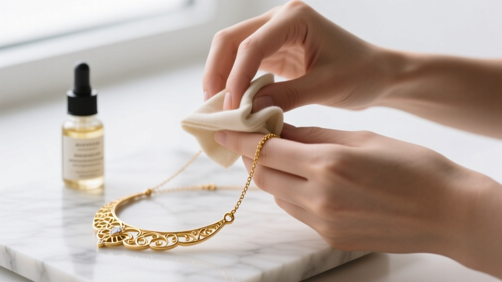 Hands gently wiping a delicate 14k gold vermeil necklace with a microfiber cloth, jewelry cleaner blurred in the background.