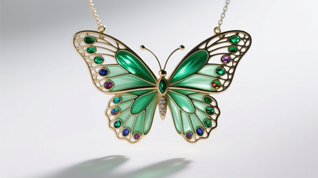 Close-up of a plique-à-jour enamel butterfly wing pendant glowing with translucent green glass, backlit in a soft studio.