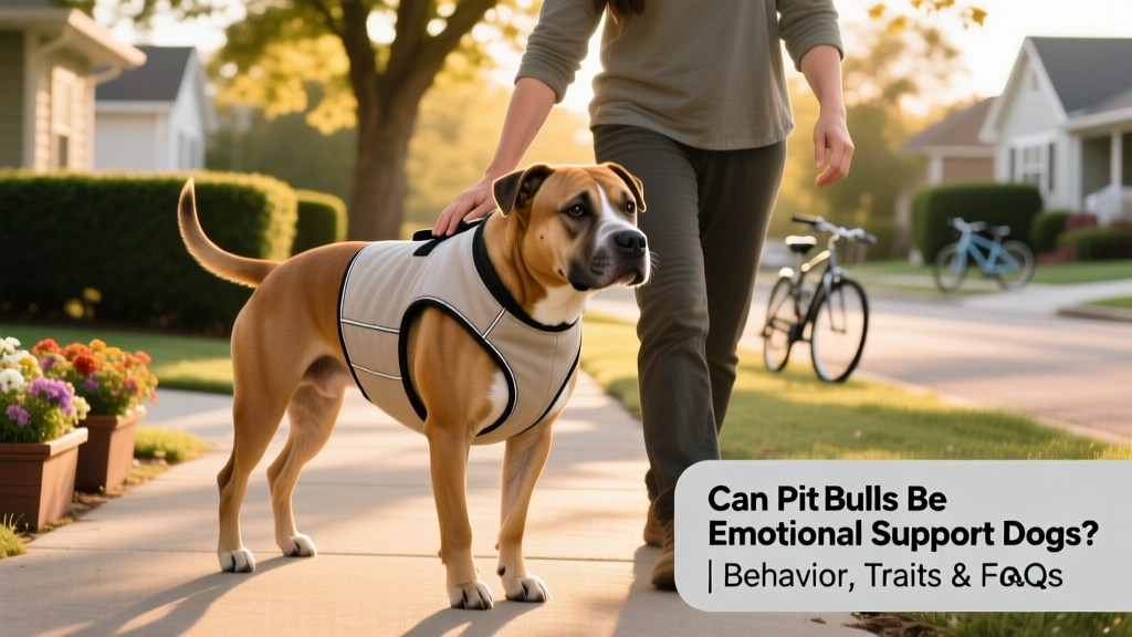 A Pitbull wearing a soft, supportive vest while calmly accompanying its owner on a quiet neighborhood walk