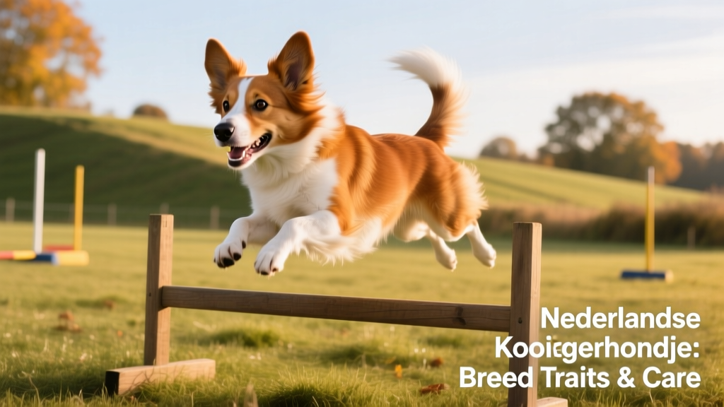 A Kooikerhondje happily engaged in an agility course, leaping over a low hurdle with focused energy